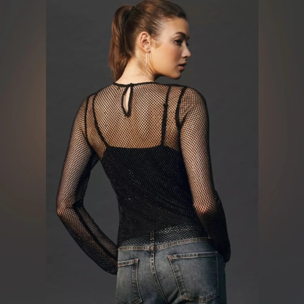 Anthropologie Long-Sleeve Beaded Mesh Top (XXS) - Picture 2 of 6
